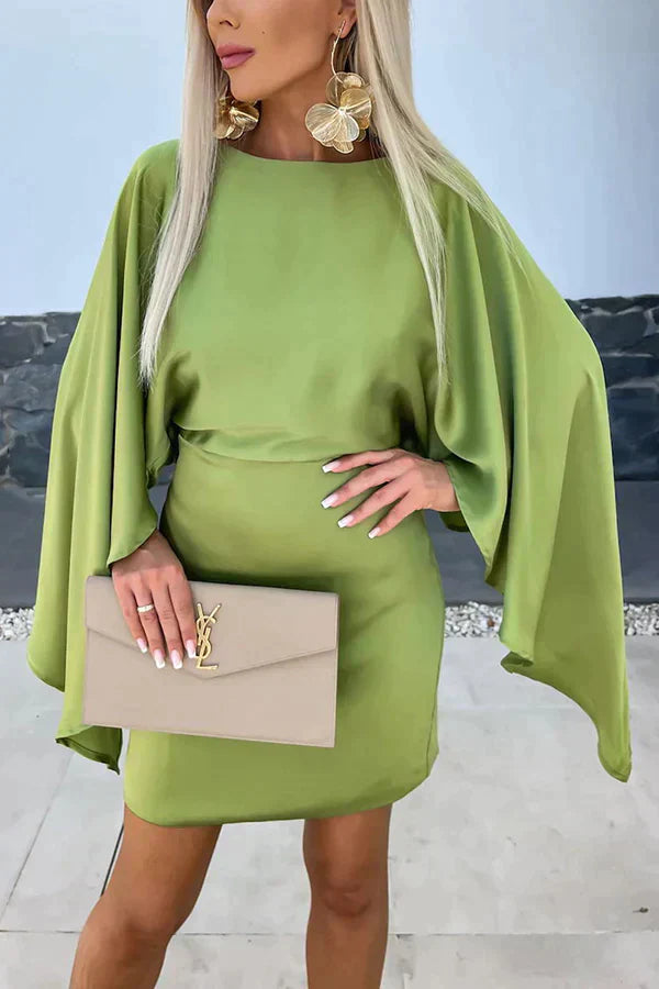 Sage | Satin Batwing Cape Sleeve Cocktail Mini Dress