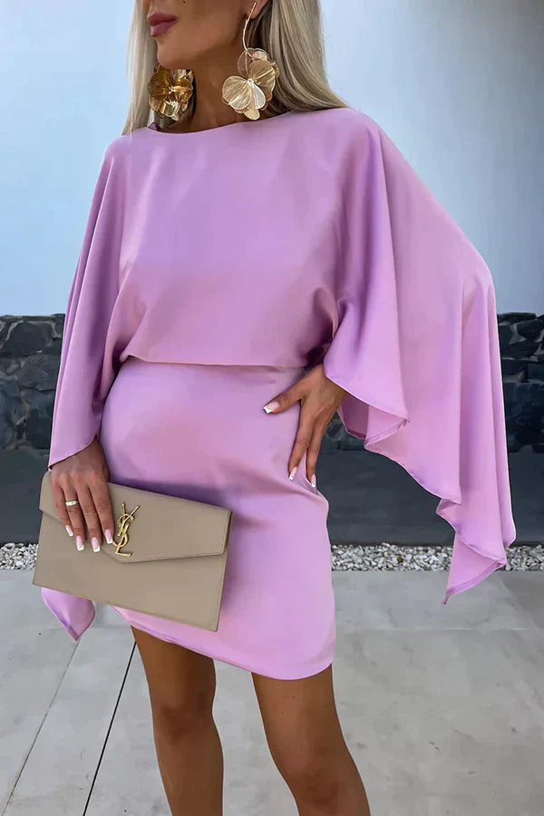 Sage | Satin Batwing Cape Sleeve Cocktail Mini Dress