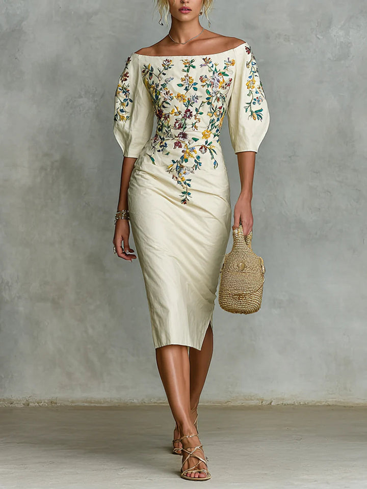 Sophia | White Floral Print Off Shoulder Elbow Sleeve Slit Midi Dress