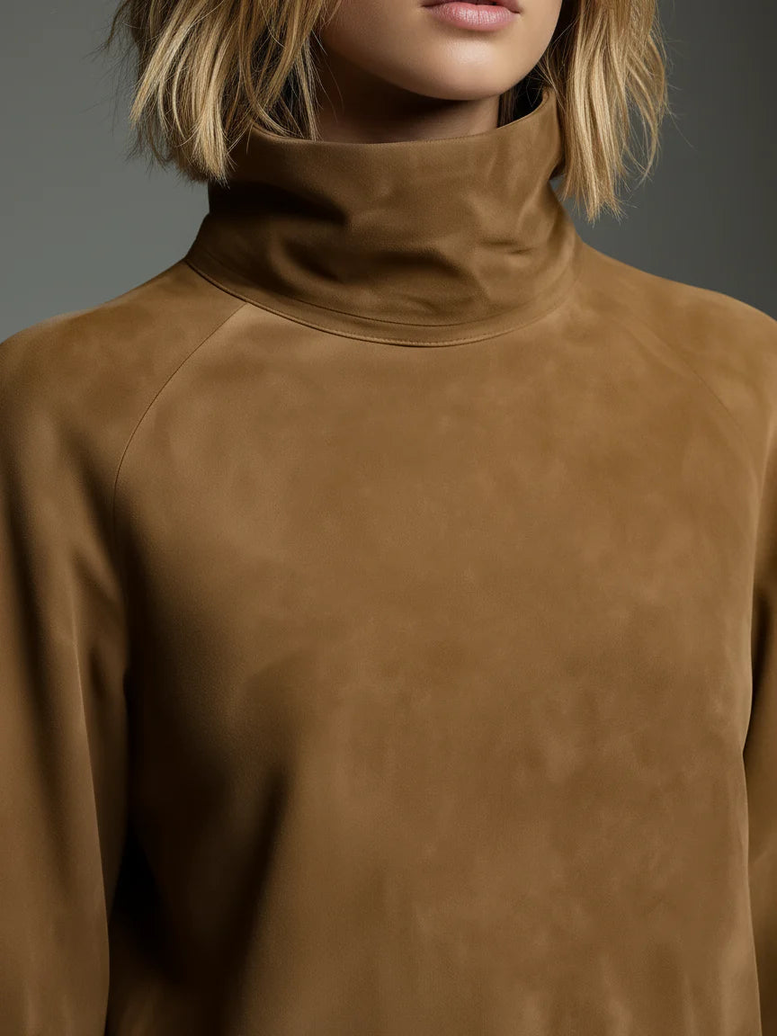 Nora | Brown Suede Turtleneck Cargo Pocket Long Sleeve Mini Dress