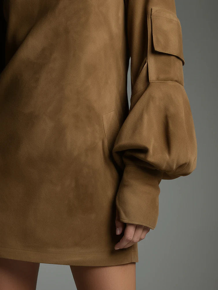 Nora | Brown Suede Turtleneck Cargo Pocket Long Sleeve Mini Dress