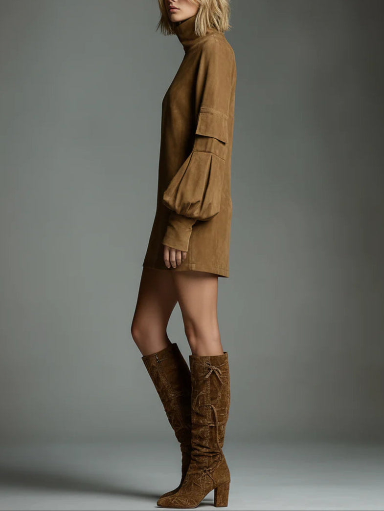 Nora | Brown Suede Turtleneck Cargo Pocket Long Sleeve Mini Dress