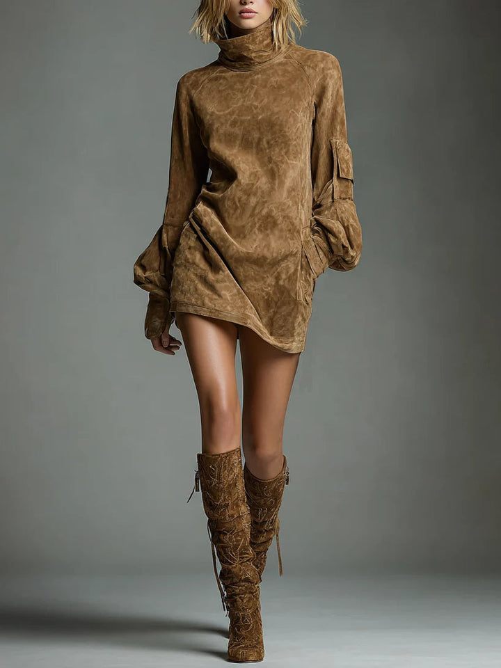 Nora | Brown Suede Turtleneck Cargo Pocket Long Sleeve Mini Dress