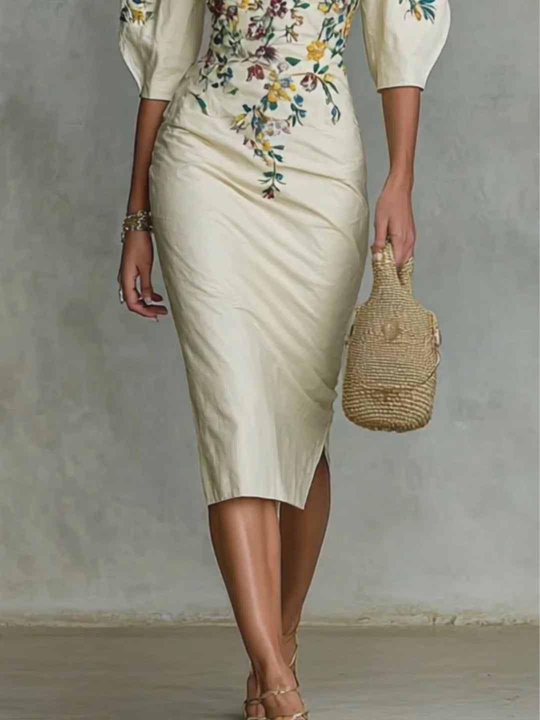 Sophia | White Floral Print Off Shoulder Elbow Sleeve Slit Midi Dress