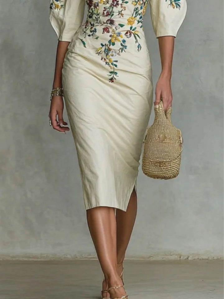 Sophia | White Floral Print Off Shoulder Elbow Sleeve Slit Midi Dress