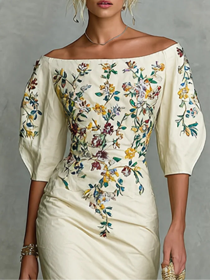 Sophia | White Floral Print Off Shoulder Elbow Sleeve Slit Midi Dress