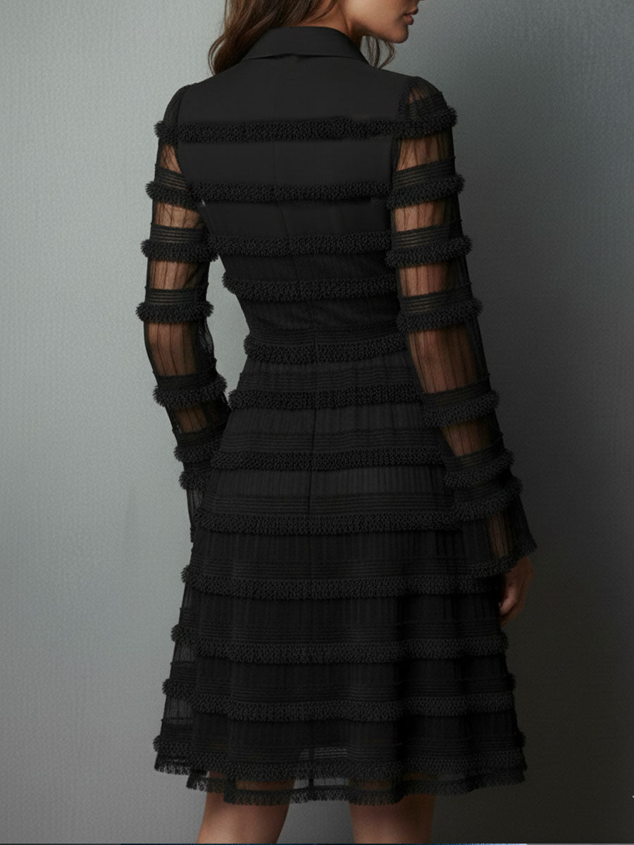 Solange | Black Fringe Trim Sheer Layered Collar V Neck Long Sleeve Mini Dress