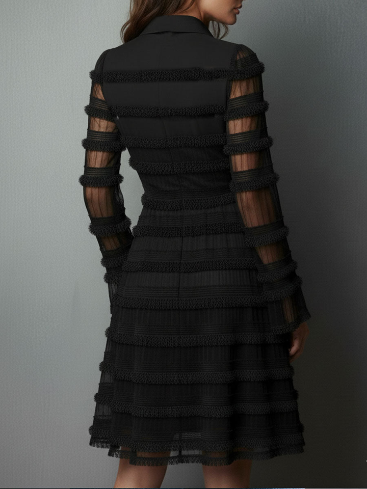 Solange | Black Fringe Trim Sheer Layered Collar V Neck Long Sleeve Mini Dress