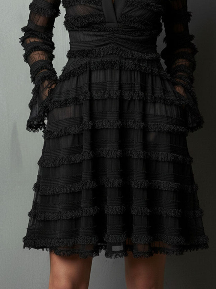 Solange | Black Fringe Trim Sheer Layered Collar V Neck Long Sleeve Mini Dress