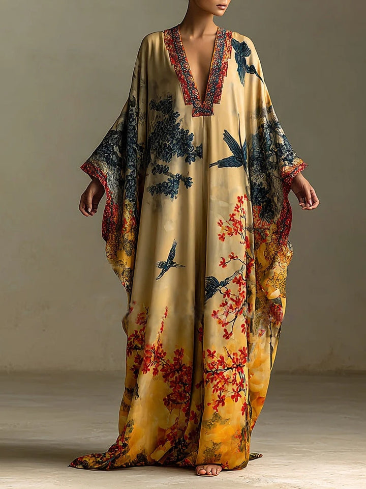 Saffron | Art Print V Neck Batwing Sleeve Oversized Kaftan Maxi Dress