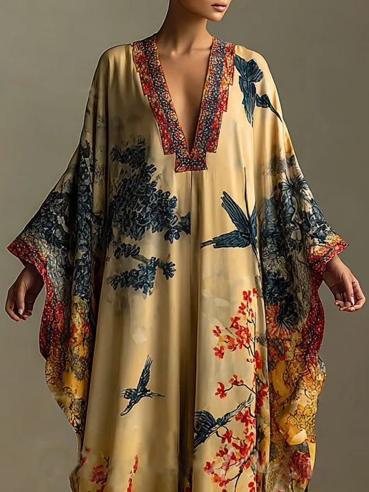 Saffron | Art Print V Neck Batwing Sleeve Oversized Kaftan Maxi Dress