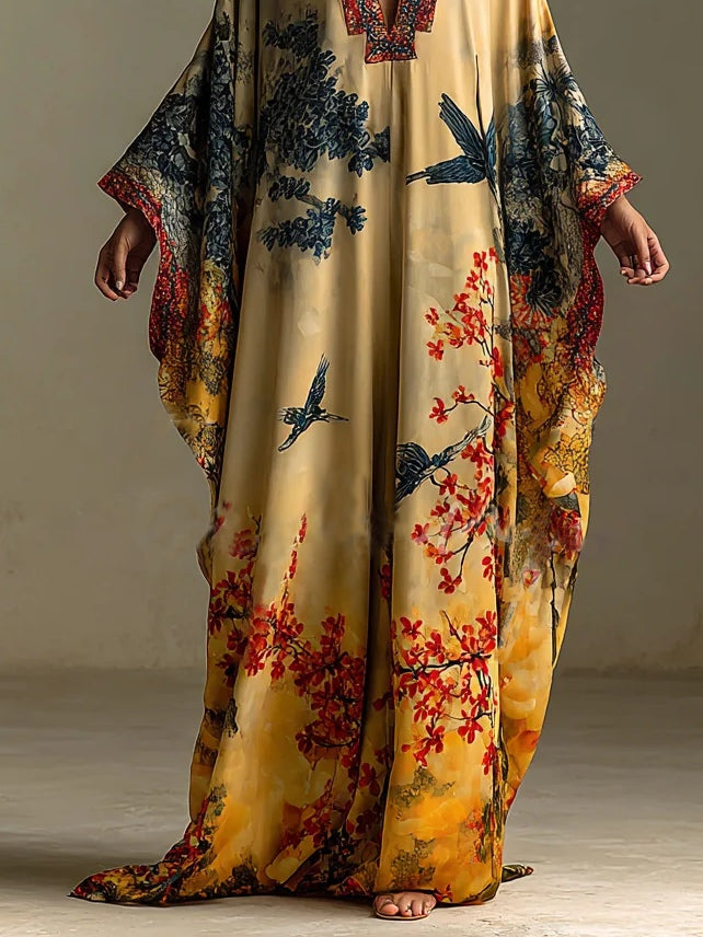 Saffron | Art Print V Neck Batwing Sleeve Oversized Kaftan Maxi Dress