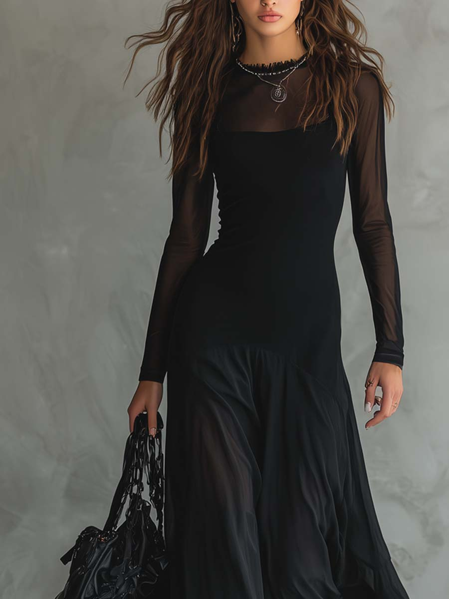 Reverie | Black Mesh Sheer Yoke Long Sleeve Flared Maxi Dress