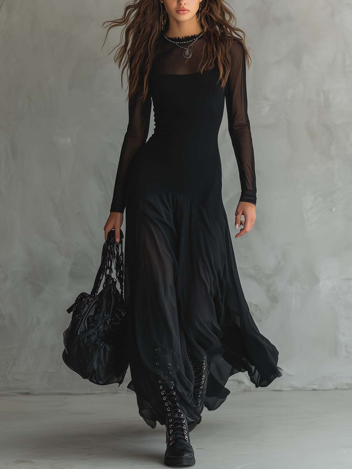 Reverie | Black Mesh Sheer Yoke Long Sleeve Flared Maxi Dress
