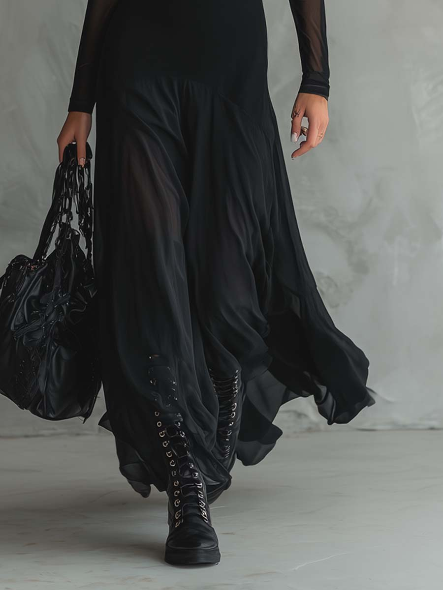 Reverie | Black Mesh Sheer Yoke Long Sleeve Flared Maxi Dress