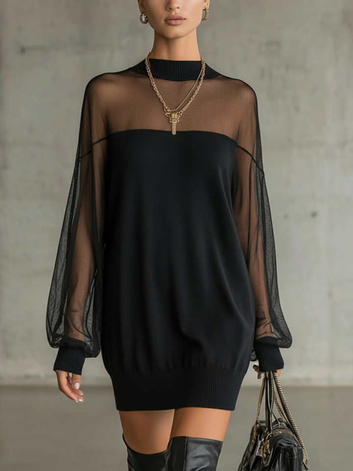 Ginevra | Black Sheer Mesh Batwing Sleeve High Neck Mini Dress