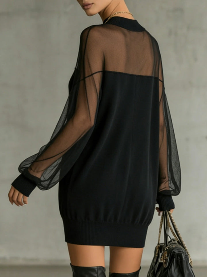 Ginevra | Black Sheer Mesh Batwing Sleeve High Neck Mini Dress