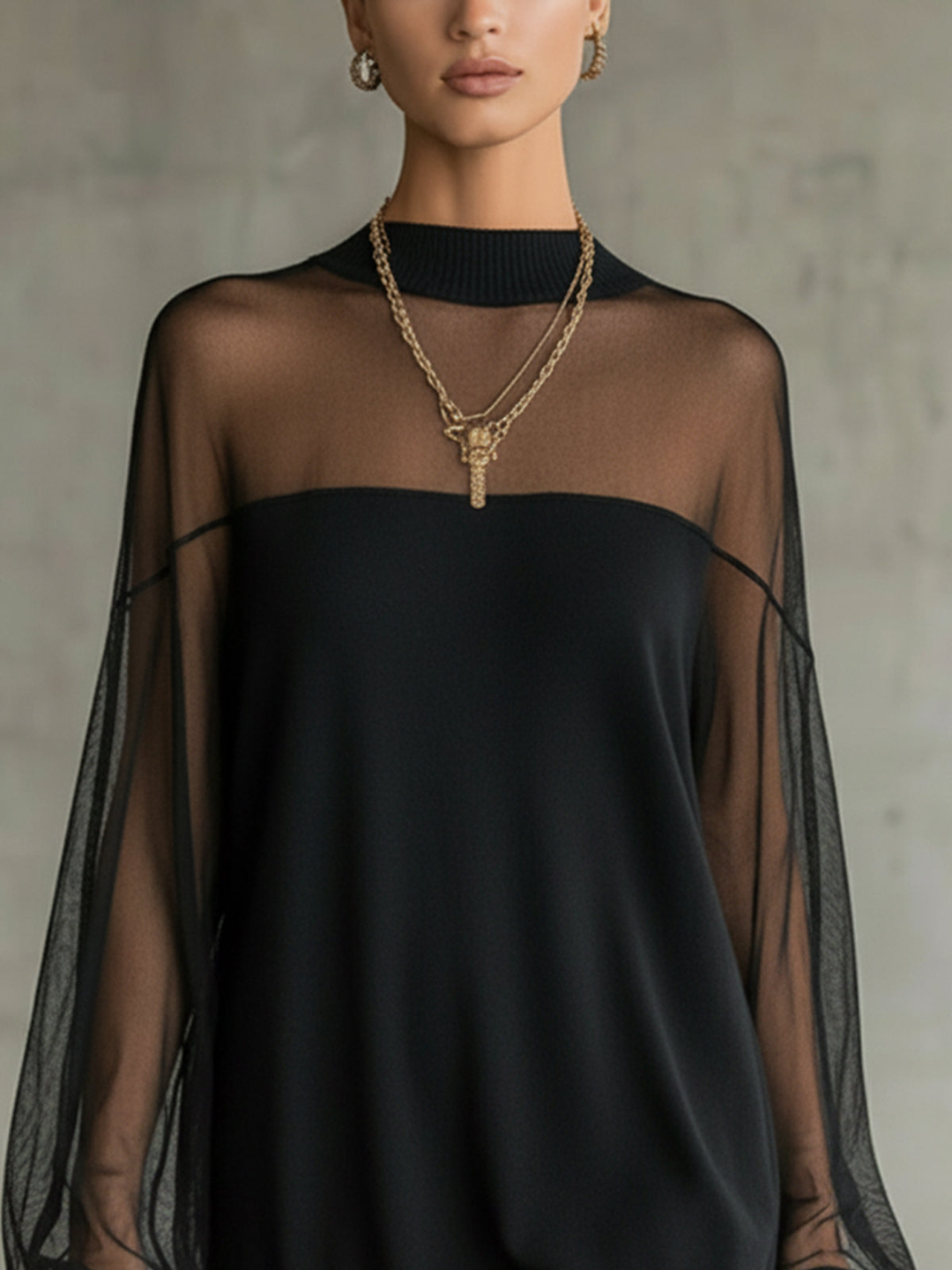 Ginevra | Black Sheer Mesh Batwing Sleeve High Neck Mini Dress
