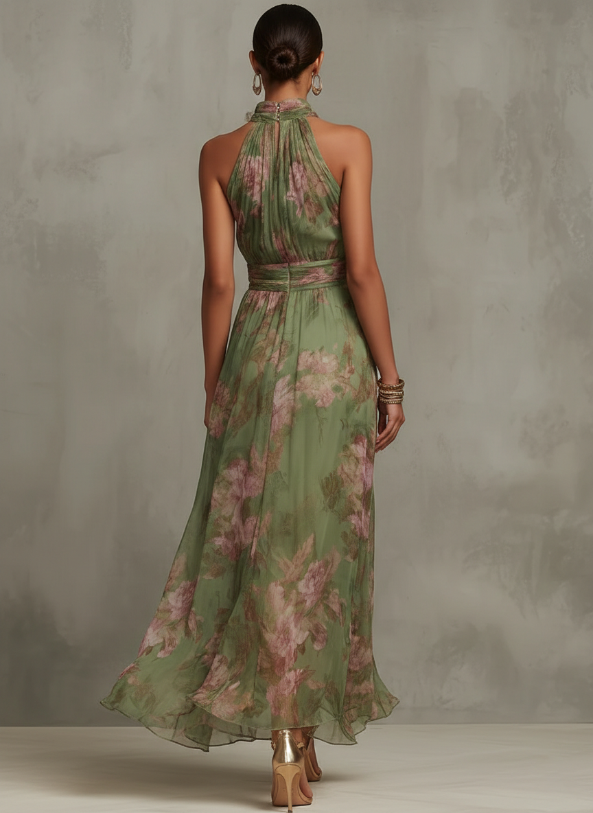 Thea | Chiffon Floral Halter Neck Belted Sleeveless Maxi Dress