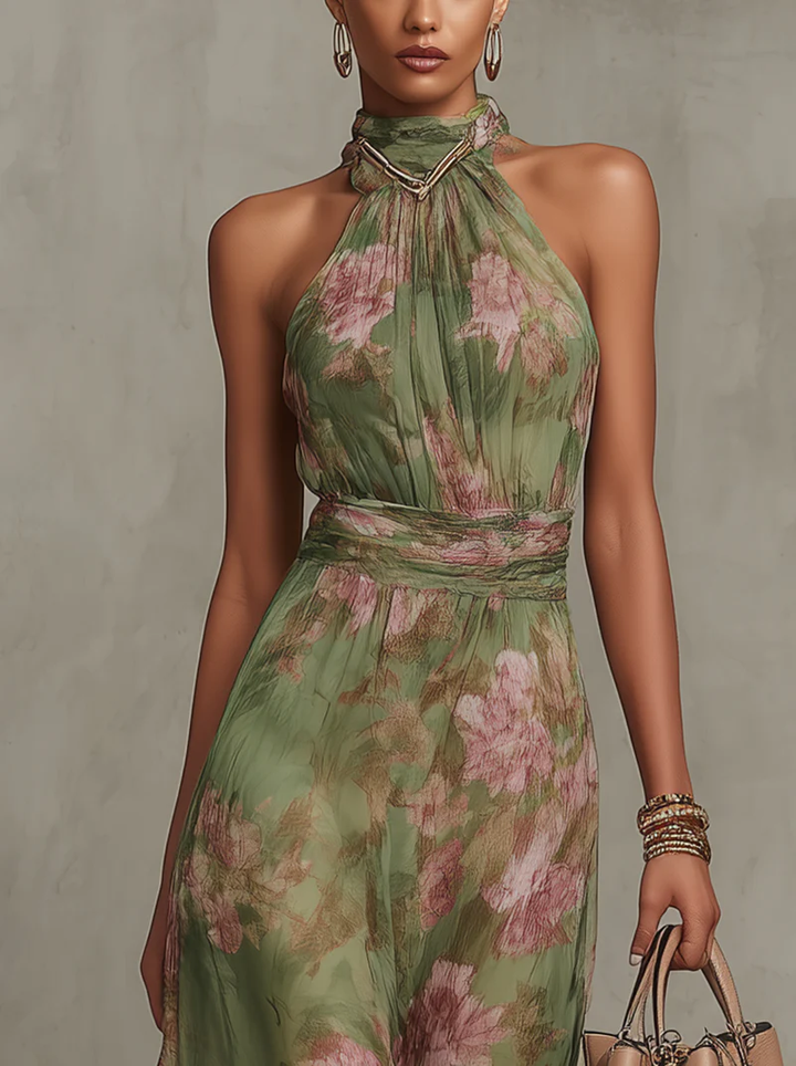 Thea | Chiffon Floral Halter Neck Belted Sleeveless Maxi Dress