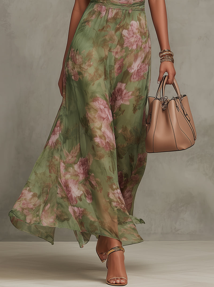 Thea | Chiffon Floral Halter Neck Belted Sleeveless Maxi Dress