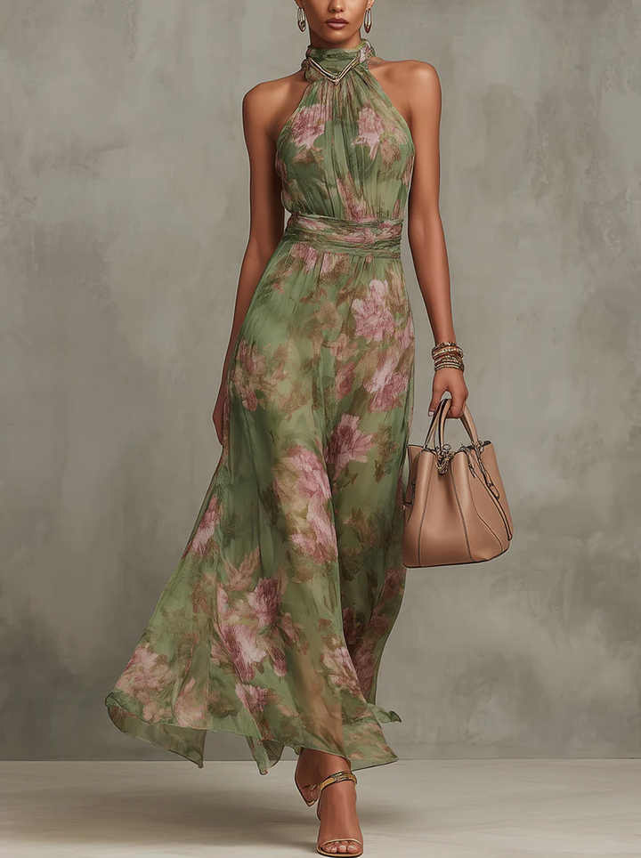Thea | Chiffon Floral Halter Neck Belted Sleeveless Maxi Dress