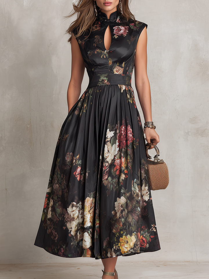 Dana | Black Floral Satin Keyhole Collar Pleated Sleeveless Midi Dress