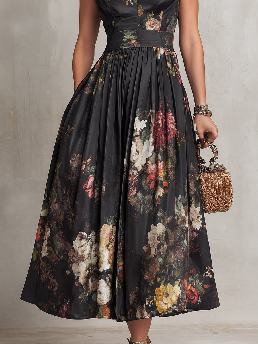 Dana | Black Floral Satin Keyhole Collar Pleated Sleeveless Midi Dress