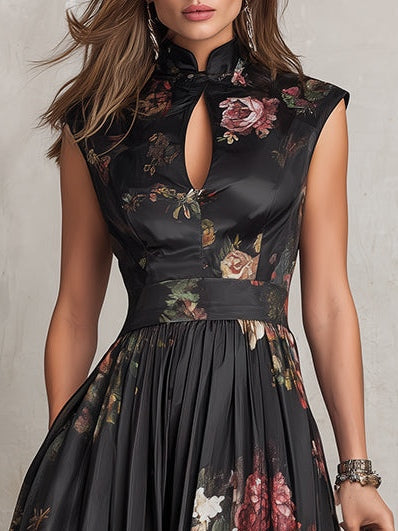 Dana | Black Floral Satin Keyhole Collar Pleated Sleeveless Midi Dress