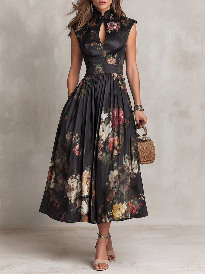 Dana | Black Floral Satin Keyhole Collar Pleated Sleeveless Midi Dress