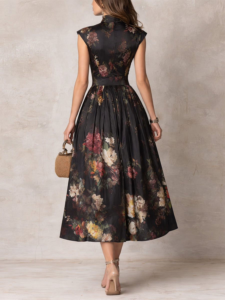 Dana | Black Floral Satin Keyhole Collar Pleated Sleeveless Midi Dress