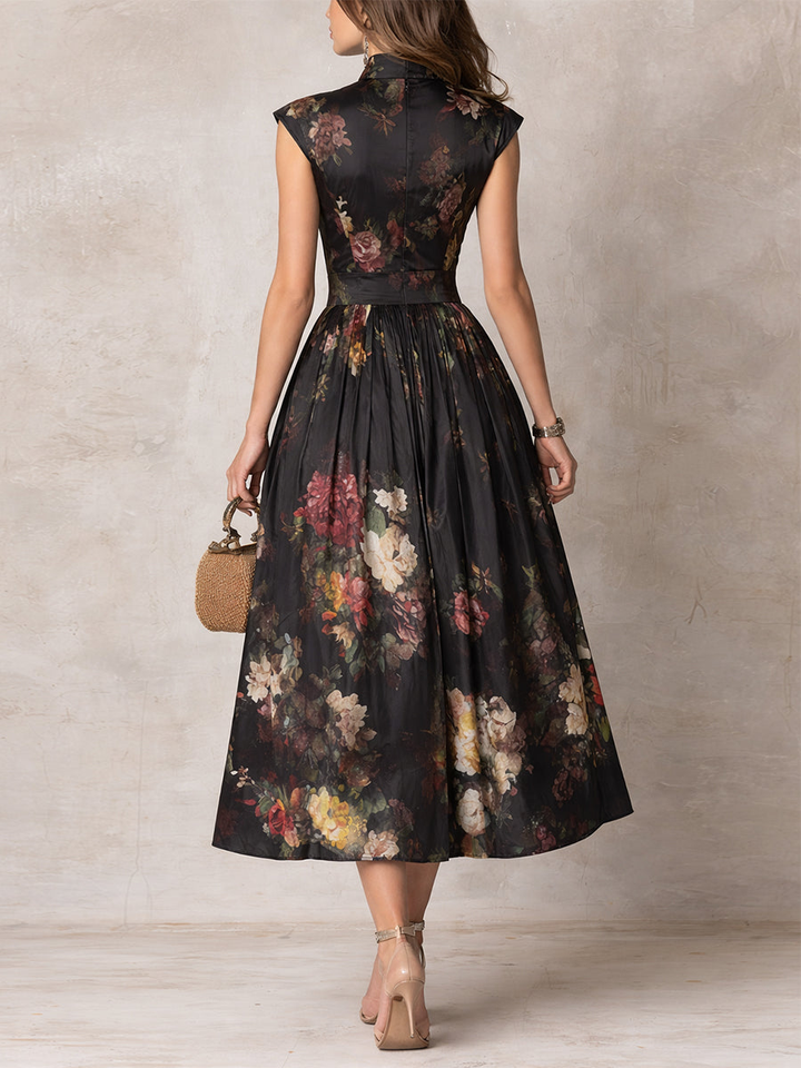 Dana | Black Floral Satin Keyhole Collar Pleated Sleeveless Midi Dress