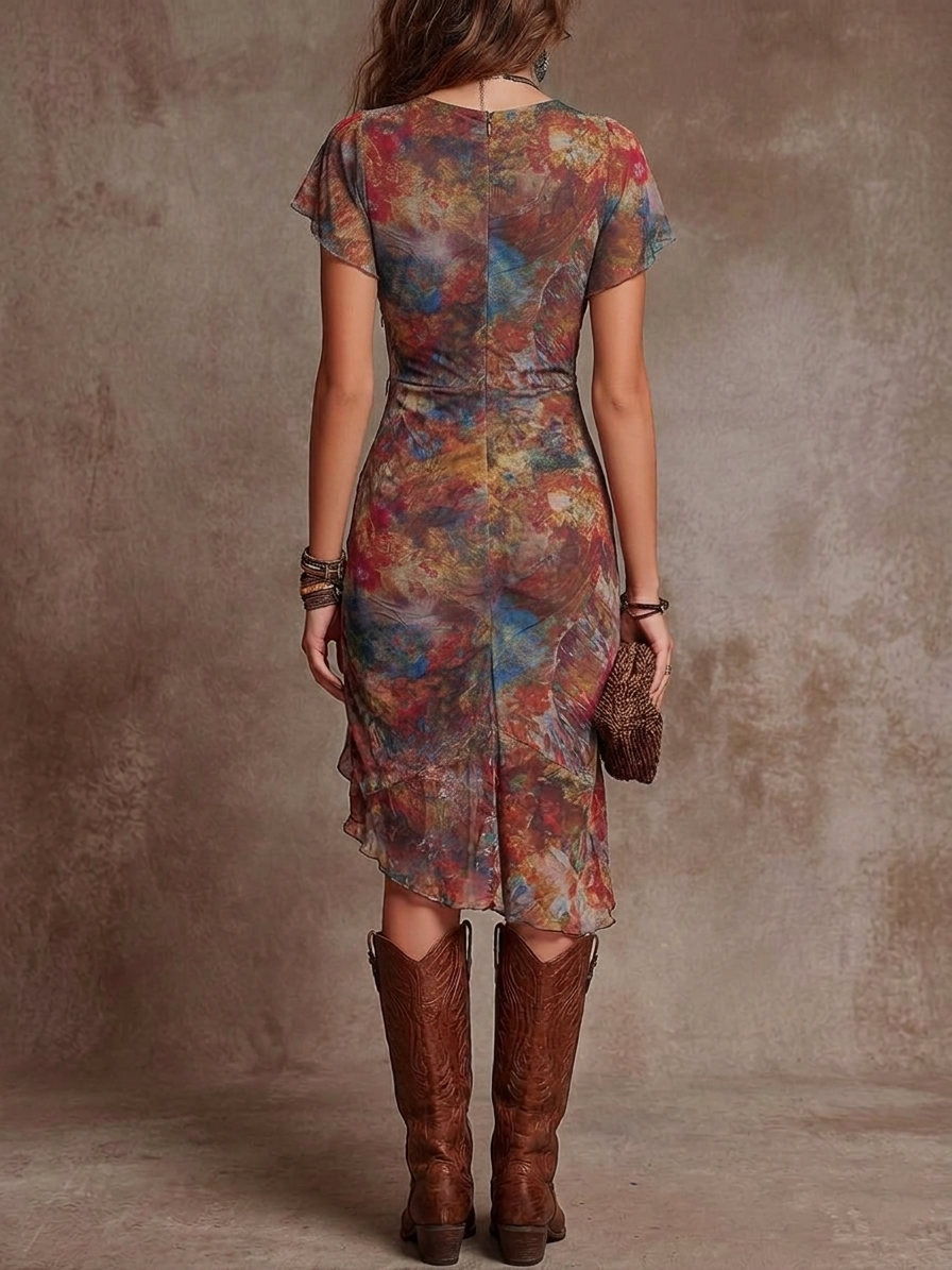 Tamsin | Abstract Print Deep V Neck Flutter Sleeve Ruched Midi Dress