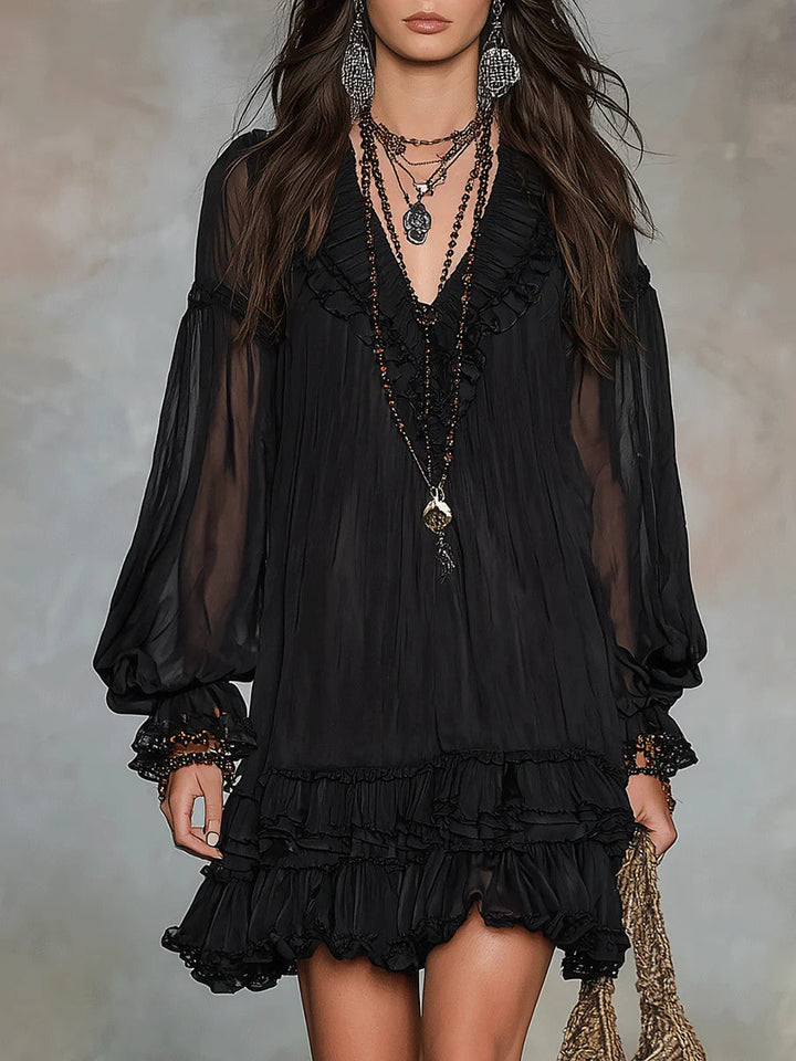 Ivory | Black Chiffon V Neck Ruffle Trim Lantern Sleeve Mini Dress