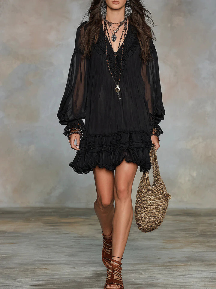 Ivory | Black Chiffon V Neck Ruffle Trim Lantern Sleeve Mini Dress