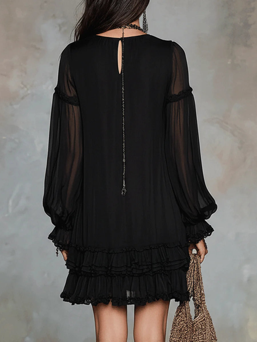 Ivory | Black Chiffon V Neck Ruffle Trim Lantern Sleeve Mini Dress