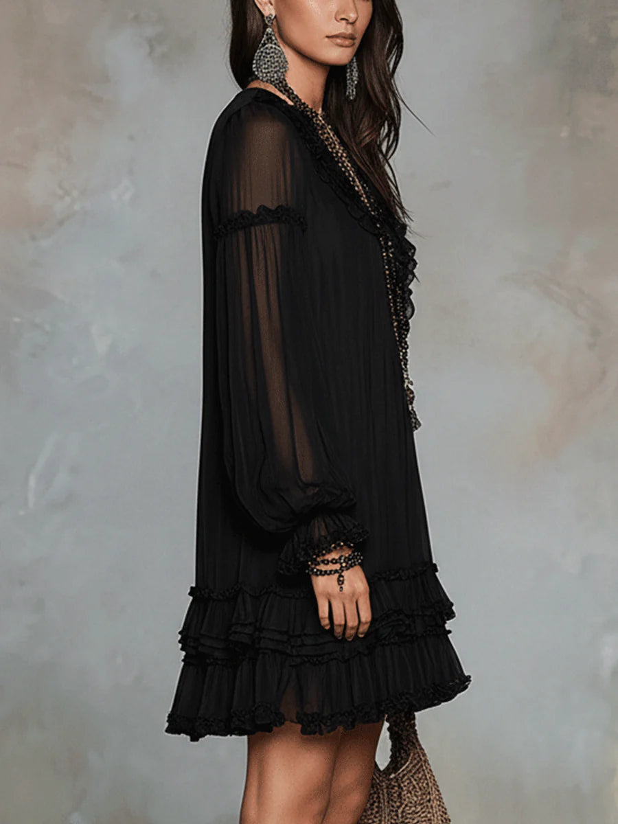 Ivory | Black Chiffon V Neck Ruffle Trim Lantern Sleeve Mini Dress