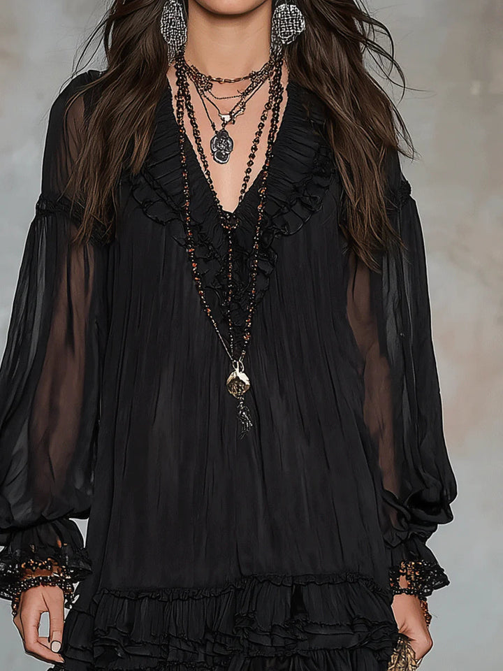 Ivory | Black Chiffon V Neck Ruffle Trim Lantern Sleeve Mini Dress