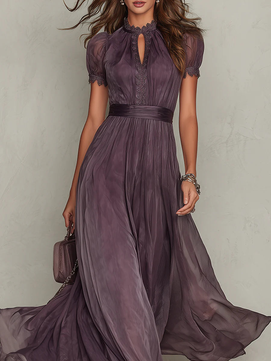 Violette | Purple Chiffon Lace Trim Keyhole Neck Puff Sleeve Belted Maxi Dress