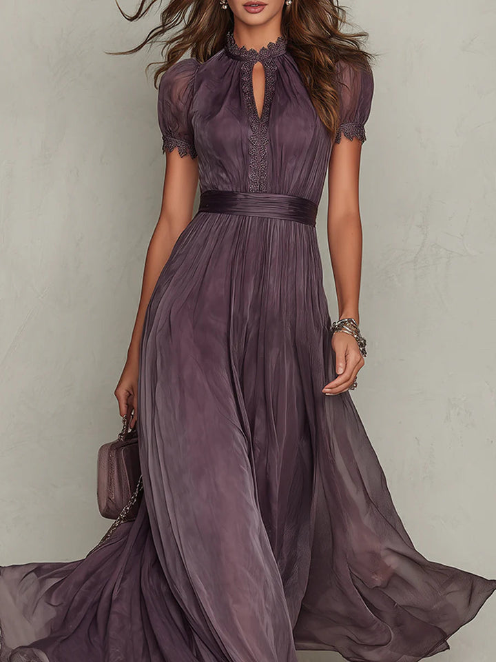 Violette | Purple Chiffon Lace Trim Keyhole Neck Puff Sleeve Belted Maxi Dress
