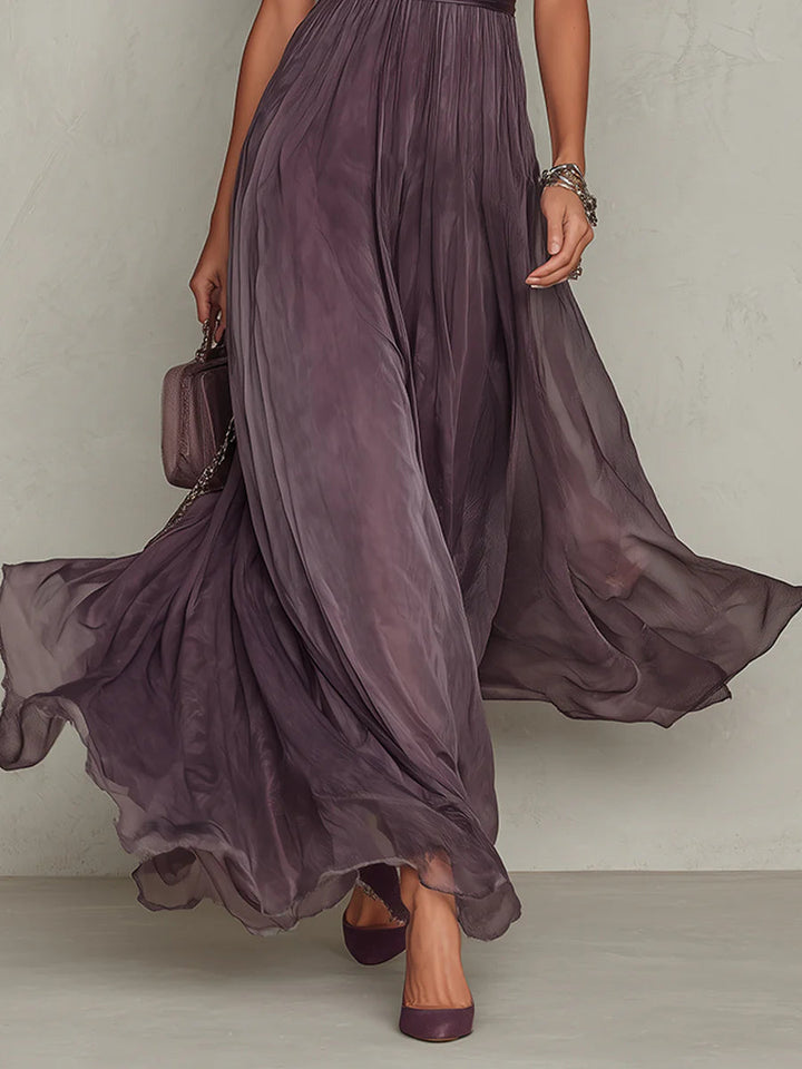 Violette | Purple Chiffon Lace Trim Keyhole Neck Puff Sleeve Belted Maxi Dress