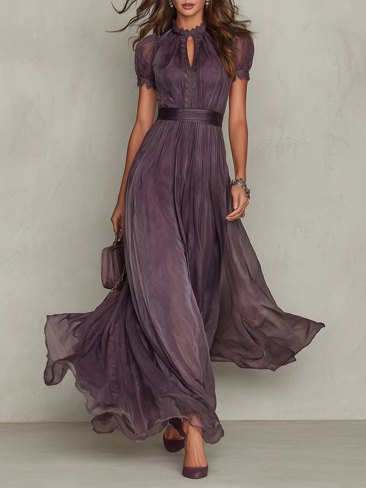Violette | Purple Chiffon Lace Trim Keyhole Neck Puff Sleeve Belted Maxi Dress