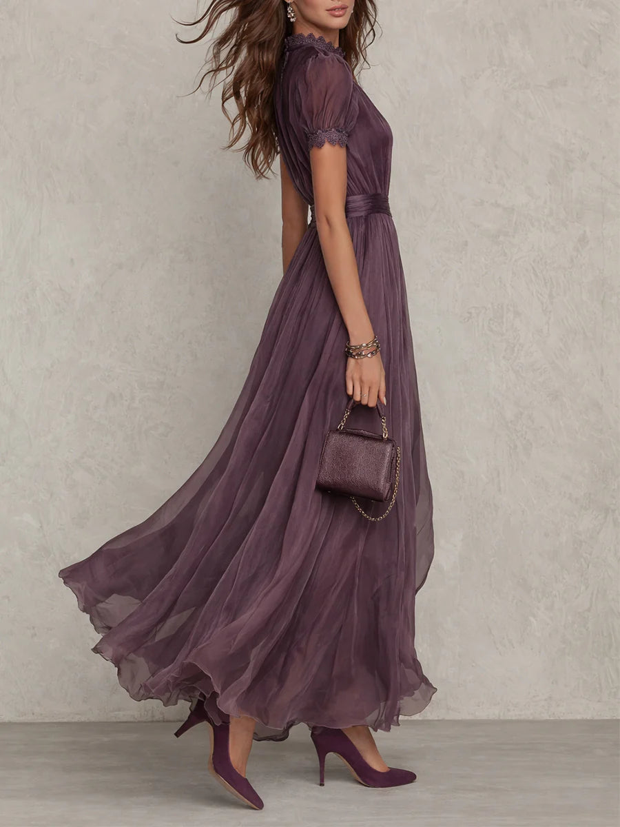 Violette | Purple Chiffon Lace Trim Keyhole Neck Puff Sleeve Belted Maxi Dress
