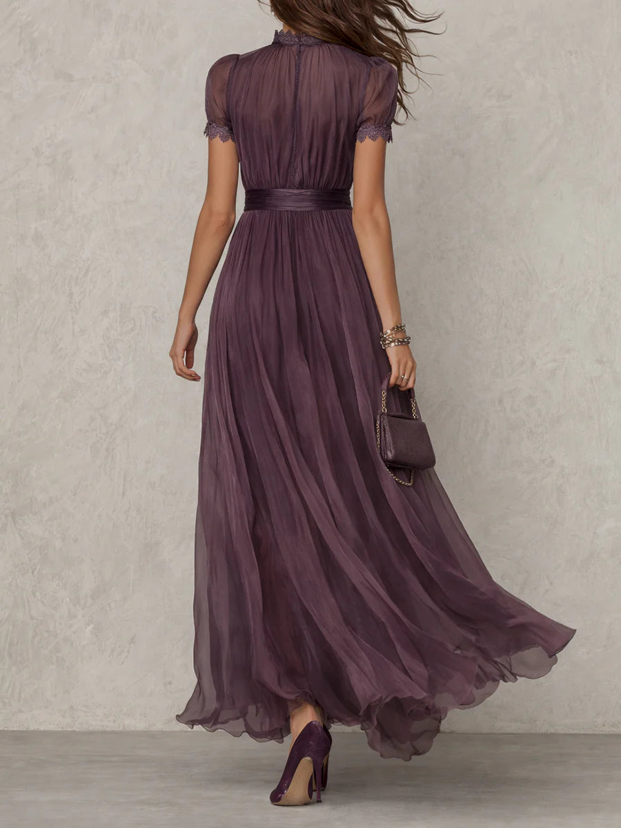 Violette | Purple Chiffon Lace Trim Keyhole Neck Puff Sleeve Belted Maxi Dress