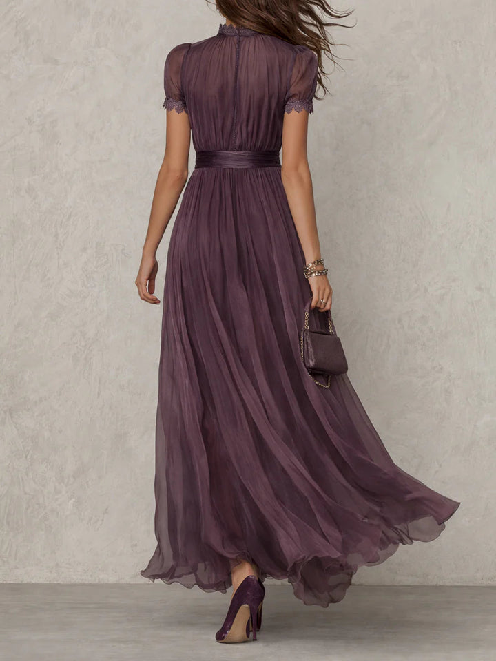 Violette | Purple Chiffon Lace Trim Keyhole Neck Puff Sleeve Belted Maxi Dress