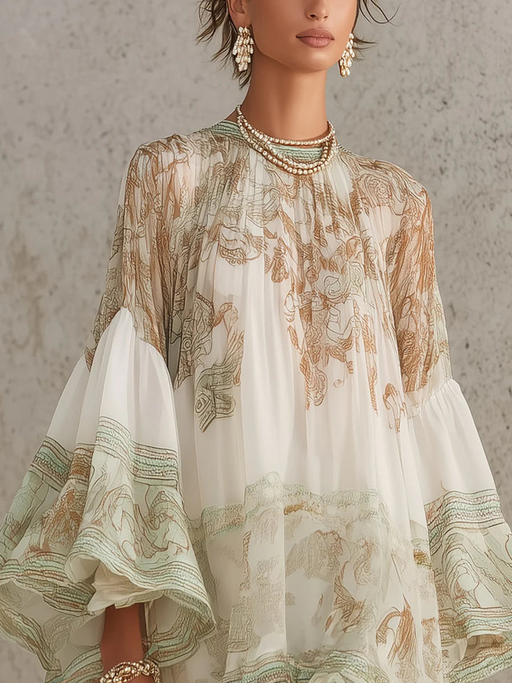 Soraya | Green Printed Chiffon High Neck Flounce Sleeve Ruffle Hem Mini Dress