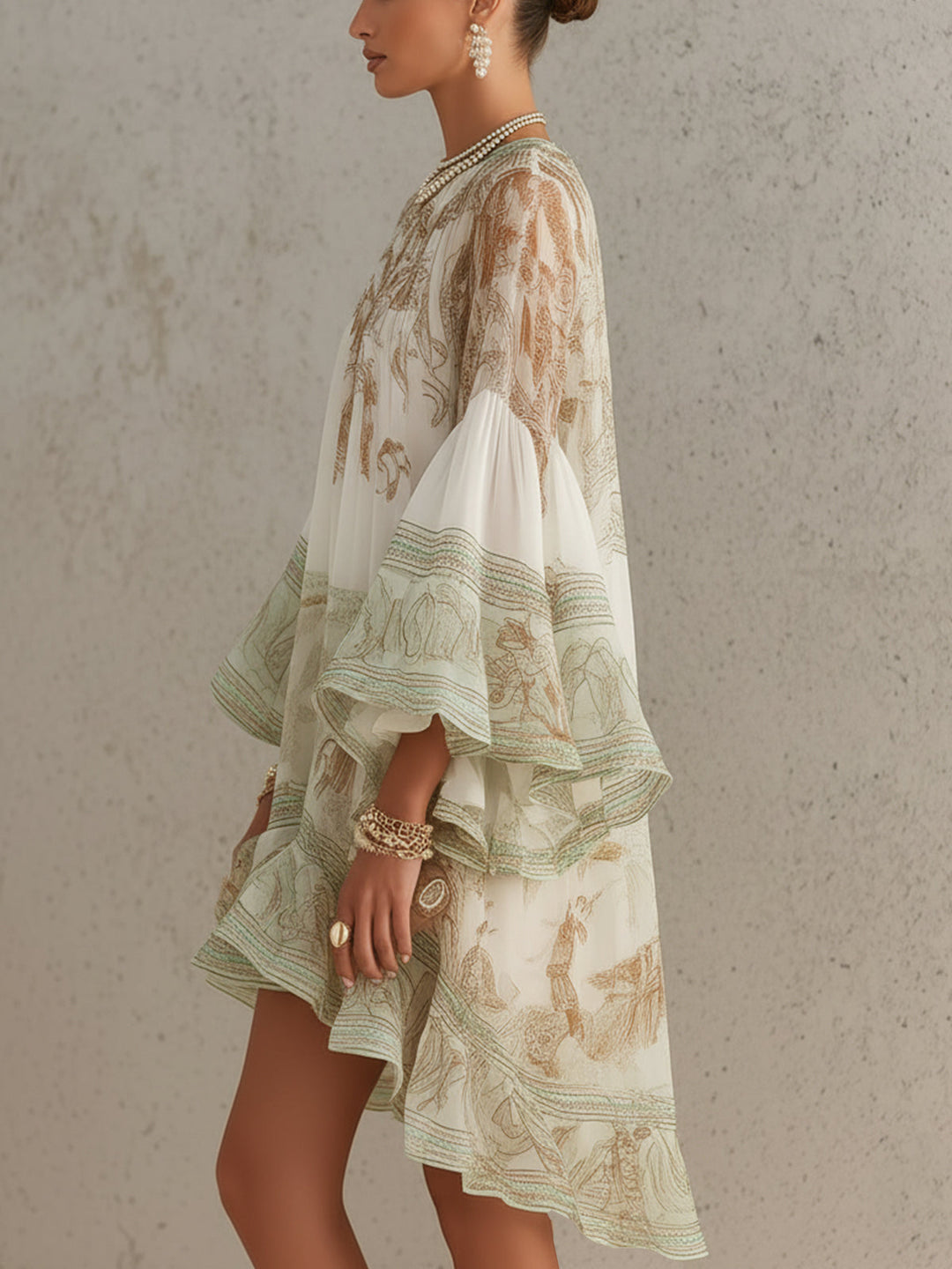 Soraya | Green Printed Chiffon High Neck Flounce Sleeve Ruffle Hem Mini Dress