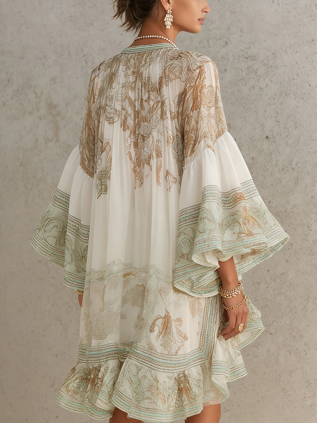 Soraya | Green Printed Chiffon High Neck Flounce Sleeve Ruffle Hem Mini Dress