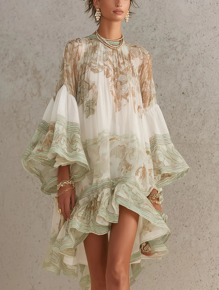 Soraya | Green Printed Chiffon High Neck Flounce Sleeve Ruffle Hem Mini Dress