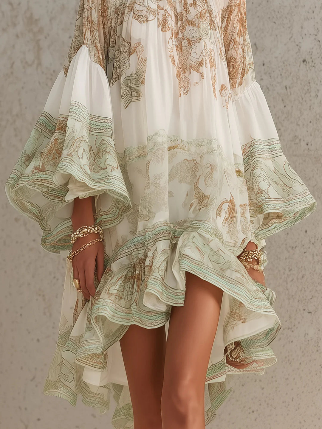 Soraya | Green Printed Chiffon High Neck Flounce Sleeve Ruffle Hem Mini Dress